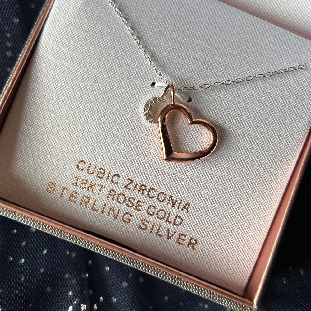 Heart and Moon Sterling Silver 18kt Rose Gold Cubic Zirconia Necklace Valentine